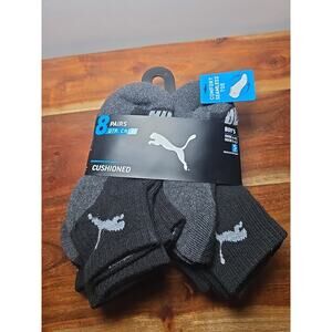 PUMA Boy's Quarter Crew Socks 8 Pairs Black Gray Solid Size small 4- 8.5 shoe